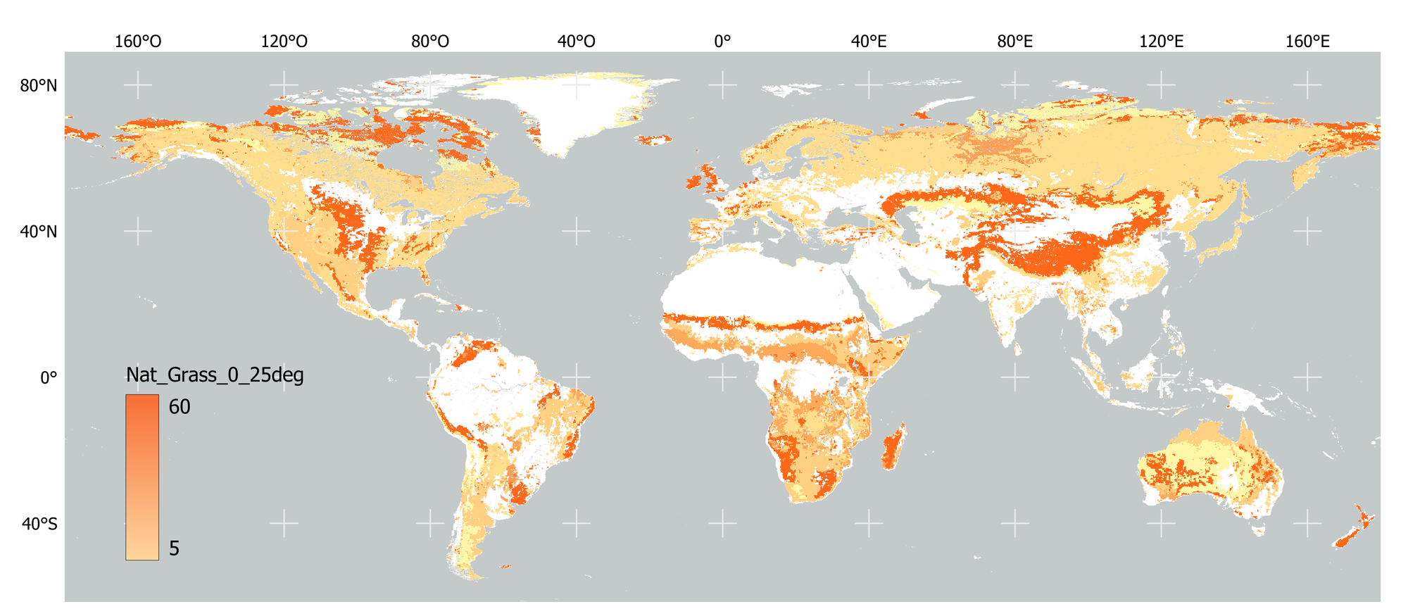 Global distribution of natural grasses Plant Functional Type (PFT) at 0.25° spatial resolution. The map was derived using the User Tool v5.0, which resampled the 2011 PFT dataset from the ESA CCI Medium Resolution Land Cover map series