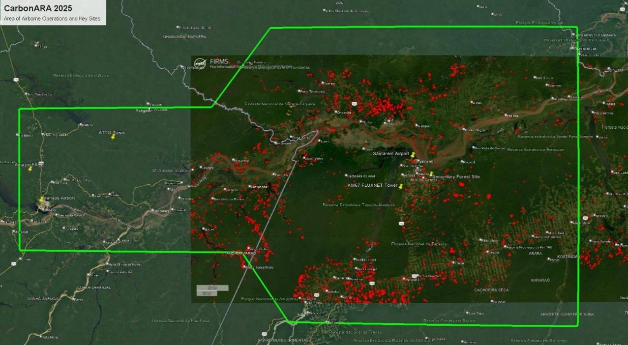 Map showing the locations showing the LBA primary and secondary forest ground observation sites. Red square is approximate area covered by the airborne campaign