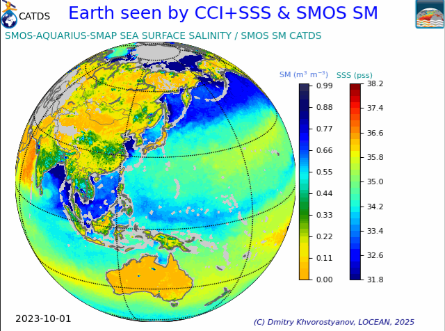 Evolution of the salinity fields around the globe, depicting areas of high salinity and low salinity from 2010-2023