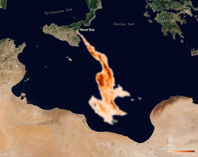 This Copernicus Sentinel-5P satellite image shows sulphur dioxide concentrations visible travelling southwards towards Libya. Sulphur dioxide is released from a volcano when magma is relatively close to the surface.