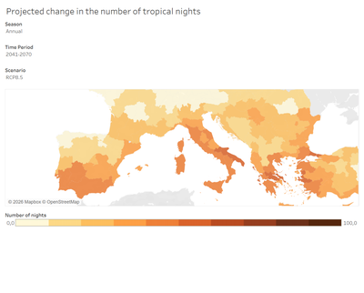 Map showing projected change in the number of tropical nights under the RCP8.5 scenario for the years 2041-2070