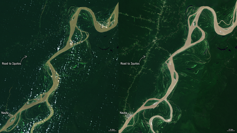 Satellite view showing the clearing of tropical forests in Peru between 1995 and 2020
